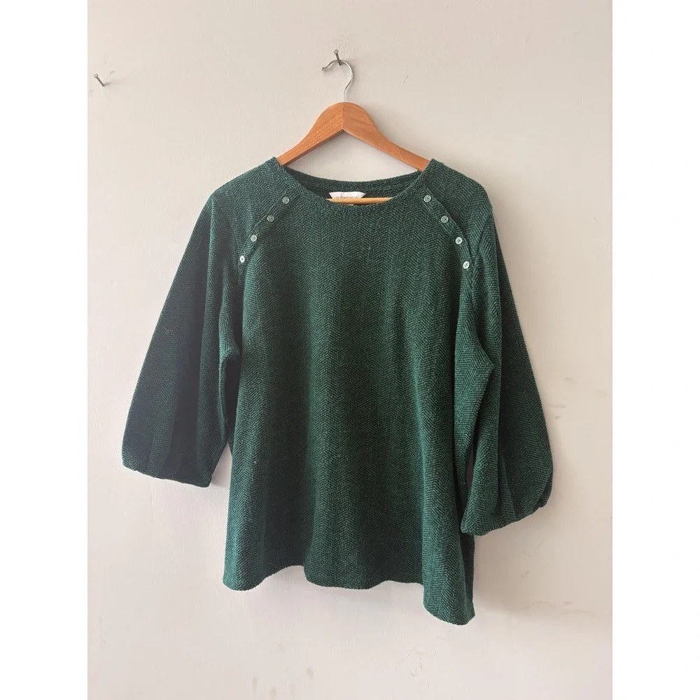 Liz Claiborne Sweater Womens 1X Green Herringbone Button Boat Neck Pullover